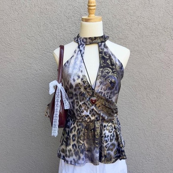 VENUS Tops - VENUS Y2K Leopard Print Gold Halter Peplum Top Size Medium Going Out